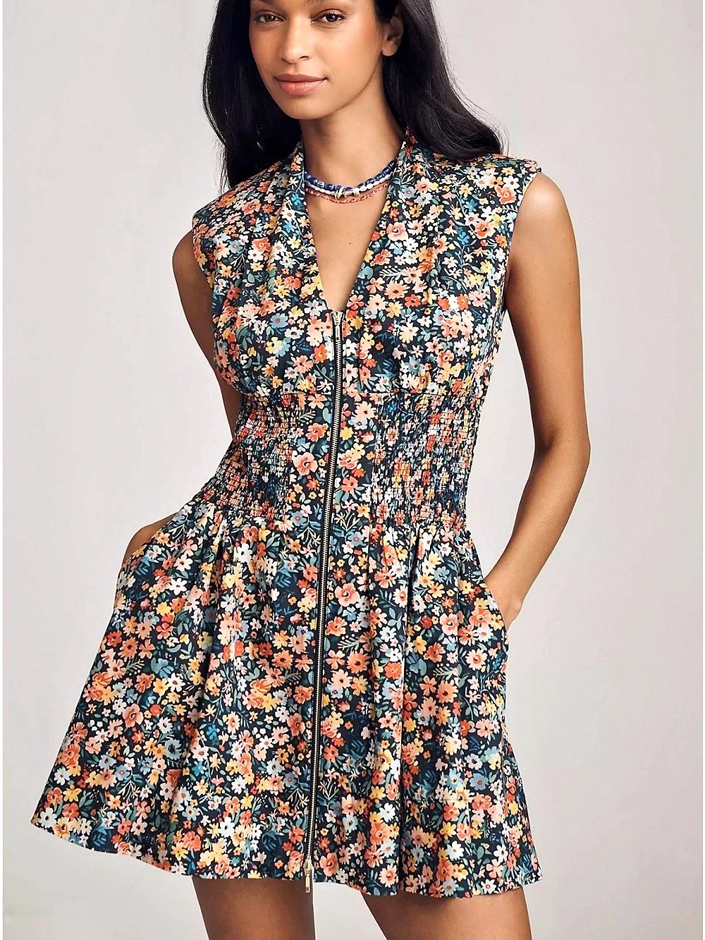 Anthropologie Tommie Floral Mini Shirt Dress Medium Cotton Pockets Zip Blue